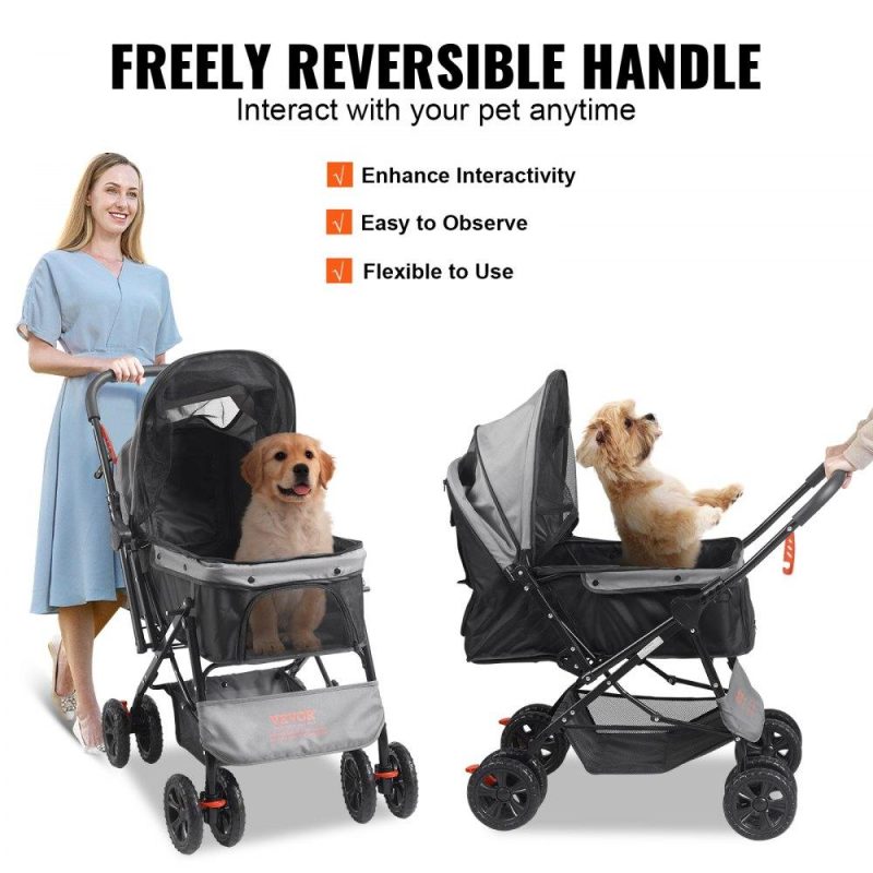 Pet Supplies | Pet Stroller, 4 Wheels Dog Stroller Rotate with Brakes, 44lbs Weight Capacity, Puppy Stroller with Reversible Handlebar, Storage Basket and Zipper, for Dogs and Cats Travel, Black+Grey Agriculture & Forestry Equipment Pet Supplies