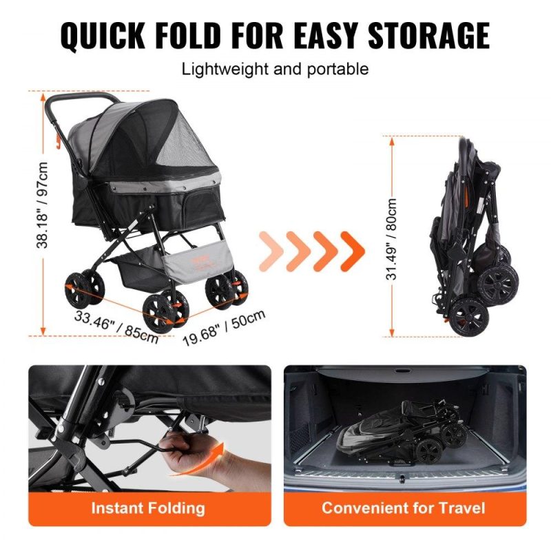 Pet Supplies | Pet Stroller, 4 Wheels Dog Stroller Rotate with Brakes, 44lbs Weight Capacity, Puppy Stroller with Reversible Handlebar, Storage Basket and Zipper, for Dogs and Cats Travel, Black+Grey Agriculture & Forestry Equipment Pet Supplies