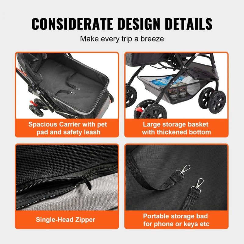 Pet Supplies | Pet Stroller, 4 Wheels Dog Stroller Rotate with Brakes, 44lbs Weight Capacity, Puppy Stroller with Reversible Handlebar, Storage Basket and Zipper, for Dogs and Cats Travel, Black+Grey Agriculture & Forestry Equipment Pet Supplies