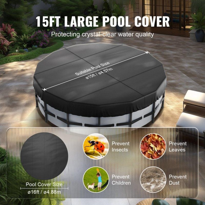 Pools & Spas | 15 Ft Round Pool Cover, Solar Covers for Above Ground Pools, Safety Pool Cover with Drawstring Design, 420D Oxford Fabric Summer Pool Cover, Waterproof and Dustproof, Black Lawn & Garden Pools & Spas