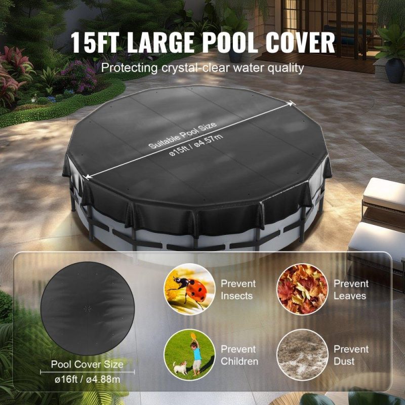 Pools & Spas | 15 Ft Round Pool Cover, Solar Covers for Above Ground Pools, Safety Pool Cover with Drawstring Design, PVC Summer Pool Cover, Waterproof and Dustproof, Black Lawn & Garden Pools & Spas