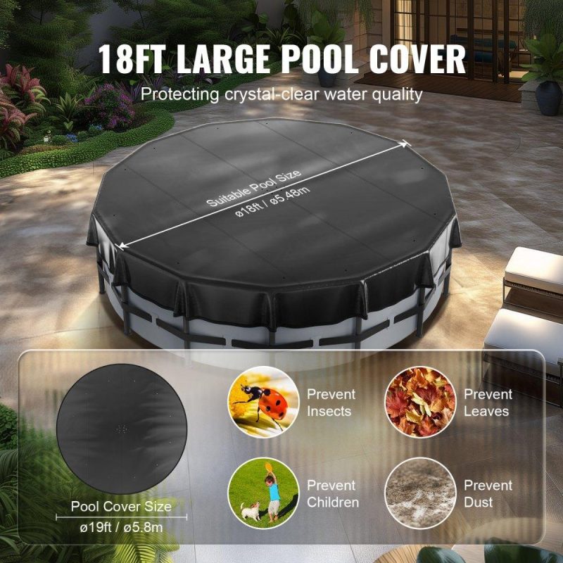 Pools & Spas | 18 Ft Round Pool Cover, Solar Covers for Above Ground Pools, Safety Pool Cover with Drawstring Design, PVC Summer Pool Cover, Waterproof and Dustproof, Black Lawn & Garden Pools & Spas