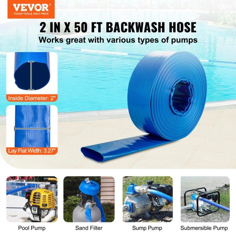 Pools & Spas | Backwash Hose, 2 in x 50 ft, Heavy-Duty PVC Flat Pool Discharge Hose with Aluminum Camlock C & E Fittings, Clamps, Compatible with Pumps, Sand Filters, for Swimming Pools Waste Water Drain, Blue Lawn & Garden Pools & Spas