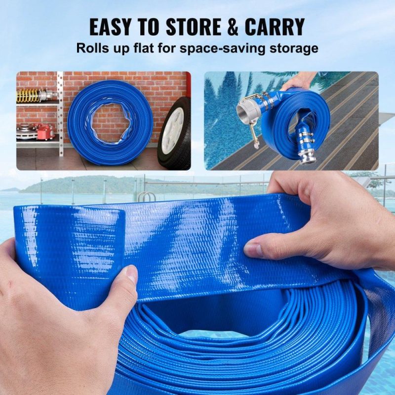 Pools & Spas | Backwash Hose, 2 in x 50 ft, Heavy-Duty PVC Flat Pool Discharge Hose with Aluminum Camlock C & E Fittings, Clamps, Compatible with Pumps, Sand Filters, for Swimming Pools Waste Water Drain, Blue Lawn & Garden Pools & Spas