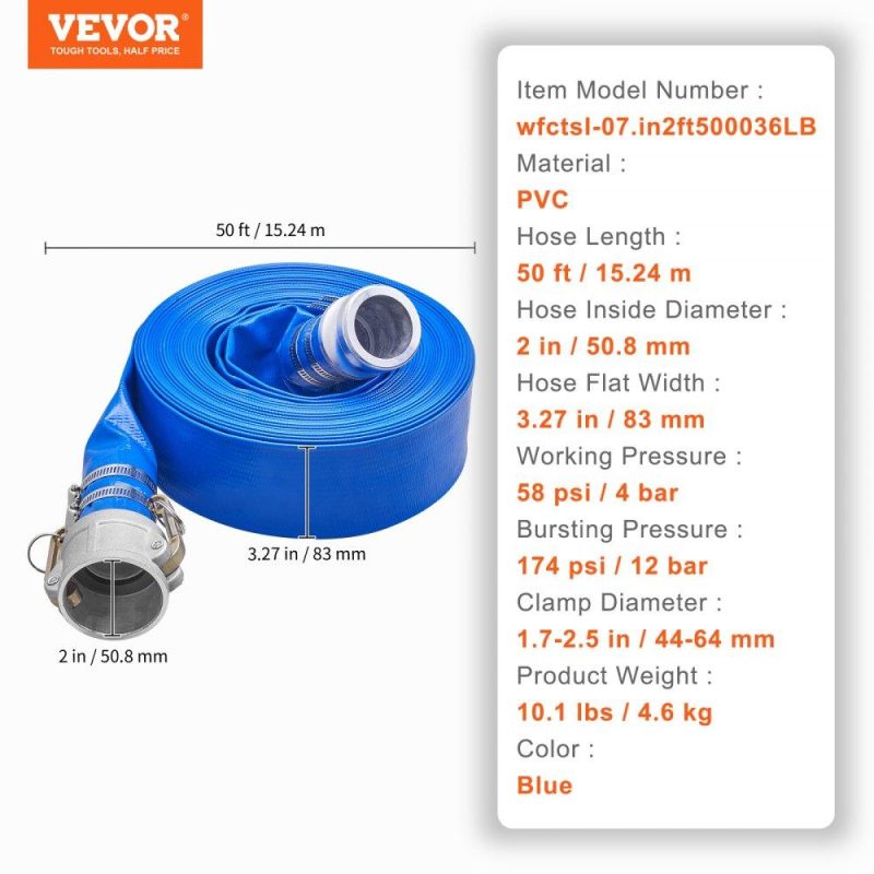 Pools & Spas | Backwash Hose, 2 in x 50 ft, Heavy-Duty PVC Flat Pool Discharge Hose with Aluminum Camlock C & E Fittings, Clamps, Compatible with Pumps, Sand Filters, for Swimming Pools Waste Water Drain, Blue Lawn & Garden Pools & Spas