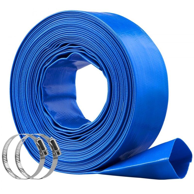 Pools & Spas | Backwash Hose, 2 in x 50 ft, Heavy-Duty PVC Flat Pool Discharge Hose with Clamps, Weather and Burst Resistant, Compatible with Pumps, Sand Filters, for Swimming Pools Waste Water Draining, Blue Lawn & Garden Pools & Spas