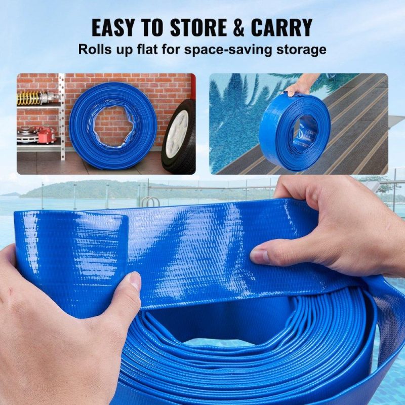 Pools & Spas | Backwash Hose, 2 in x 50 ft, Heavy-Duty PVC Flat Pool Discharge Hose with Clamps, Weather and Burst Resistant, Compatible with Pumps, Sand Filters, for Swimming Pools Waste Water Draining, Blue Lawn & Garden Pools & Spas