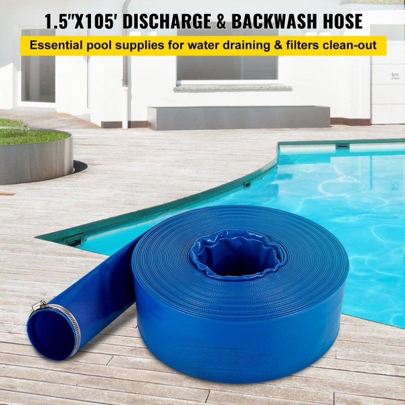 Pools & Spas | Discharge Hose, 1-1/2″ x 105′, PVC Fabric Lay Flat Hose, Heavy Duty Backwash Drain Hose with Clamps, Weather-proof & Burst-proof, Ideal for Swimming Pool & Water Transfer, Blue Lawn & Garden Pools & Spas