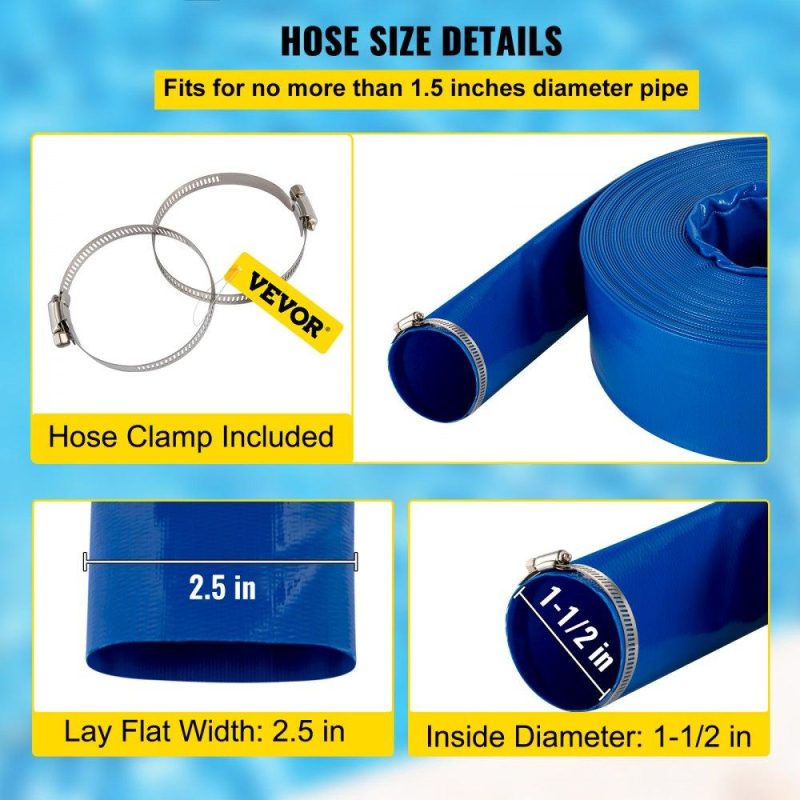 Pools & Spas | Discharge Hose, 1-1/2″ x 105′, PVC Fabric Lay Flat Hose, Heavy Duty Backwash Drain Hose with Clamps, Weather-proof & Burst-proof, Ideal for Swimming Pool & Water Transfer, Blue Lawn & Garden Pools & Spas