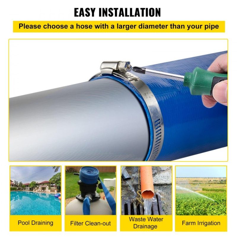 Pools & Spas | Discharge Hose, 1-1/2″ x 105′, PVC Fabric Lay Flat Hose, Heavy Duty Backwash Drain Hose with Clamps, Weather-proof & Burst-proof, Ideal for Swimming Pool & Water Transfer, Blue Lawn & Garden Pools & Spas