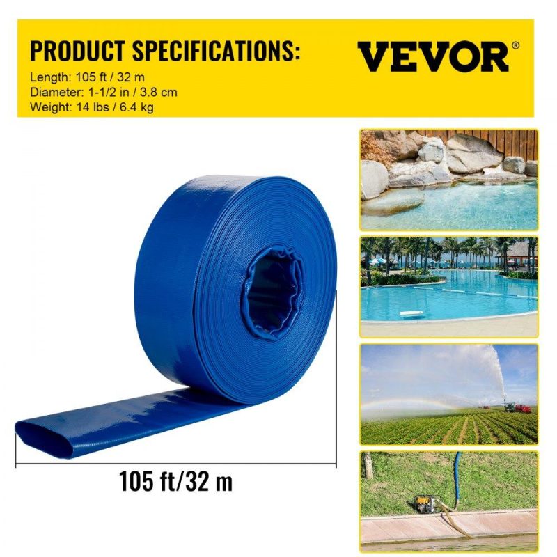 Pools & Spas | Discharge Hose, 1-1/2″ x 105′, PVC Fabric Lay Flat Hose, Heavy Duty Backwash Drain Hose with Clamps, Weather-proof & Burst-proof, Ideal for Swimming Pool & Water Transfer, Blue Lawn & Garden Pools & Spas