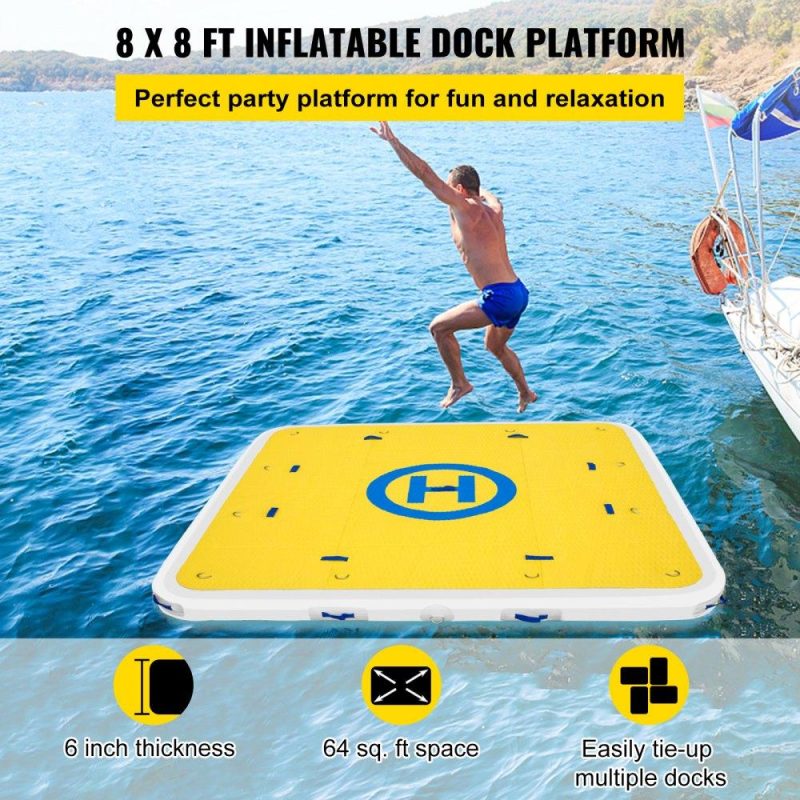 Pools & Spas | Inflatable Dock Floating Platform, 8 x 8 ft, 3-5 Person Capacity, 6 inches Thick, Swim Dock with Hand Pump, Electric Air Pump & Storage Bag, Drop Stitch PVC Non-Slip Raft for Pool Beach Ocean Lawn & Garden Pools & Spas