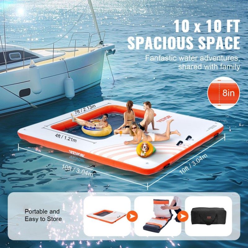 Pools & Spas | Inflatable Floating Dock, 10x10FT Inflatable Dock Platform with 4*7FT Trampoline Mesh Pool, Non-Slip Floating Platform Water Mat with Portable Bag & Detachable Ladder for Pool Beach Relaxation Lawn & Garden Pools & Spas