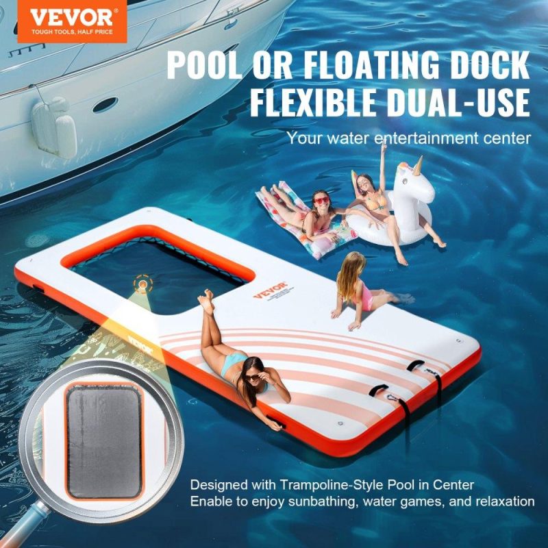 Pools & Spas | Inflatable Floating Dock, 15×6.5FT Inflatable Dock Platform with 4*6FT Trampoline Mesh Pool, Non-Slip Floating Platform Water Mat with Portable Bag & Detachable Ladder for Pool Beach Relaxation Lawn & Garden Pools & Spas