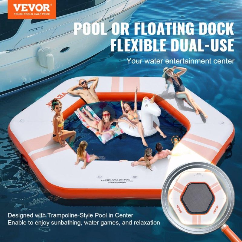 Pools & Spas | Inflatable Floating Dock, ø8.5FT Inflatable Dock Platform with ø5FT Trampoline Mesh Pool, Non-Slip Floating Platform Water Mat with Portable Bag & Detachable Ladder for Pool Beach Relaxation Lawn & Garden Pools & Spas