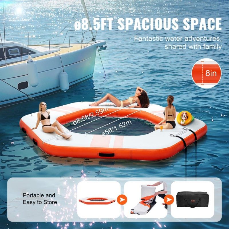 Pools & Spas | Inflatable Floating Dock, ø8.5FT Inflatable Dock Platform with ø5FT Trampoline Mesh Pool, Non-Slip Floating Platform Water Mat with Portable Bag & Detachable Ladder for Pool Beach Relaxation Lawn & Garden Pools & Spas