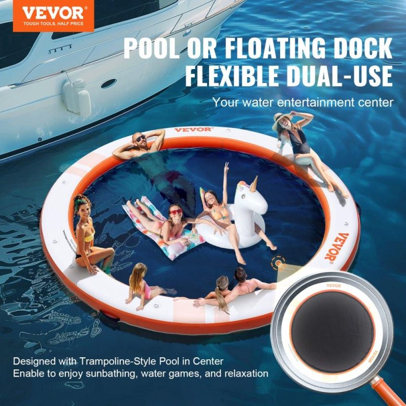 Pools & Spas | Inflatable Floating Dock, ø8FT Inflatable Dock Platform with ø5FT Trampoline Mesh Pool, Non-Slip Floating Platform Water Mat with Portable Bag & Detachable Ladder for Pool Beach Relaxation Lawn & Garden Pools & Spas