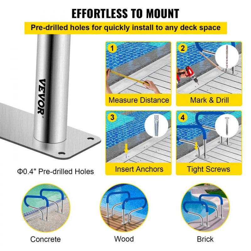 Pools & Spas | Pool Handrail, 32 x 22.5 Swimming Pool Stair Rail, 304 Stainless Steel Stair Pool Hand Rail Rated 375lbs Load Capacity, Pool Rail with Quick Mount Base Plate, and Complete Mounting Accessories Lawn & Garden Pools & Spas