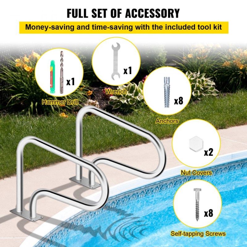 Pools & Spas | Pool Handrail, 32 x 22.5 Swimming Pool Stair Rail, 304 Stainless Steel Stair Pool Hand Rail Rated 375lbs Load Capacity, Pool Rail with Quick Mount Base Plate, and Complete Mounting Accessories Lawn & Garden Pools & Spas