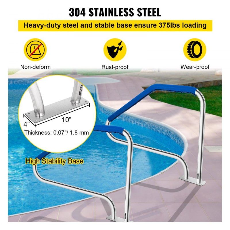 Pools & Spas | Pool Handrail, 49.4″ x 34″ Swimming Pool Stair Rail, 304 Stainless Steel Stair Pool Hand Rail Rated 375lbs Load Capacity, Pool Rail with Quick Mount Base Plate, and Complete Mounting Accessories Lawn & Garden Pools & Spas