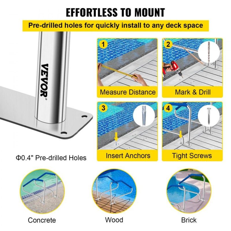 Pools & Spas | Pool Handrail, 49.4″ x 34″ Swimming Pool Stair Rail, 304 Stainless Steel Stair Pool Hand Rail Rated 375lbs Load Capacity, Pool Rail with Quick Mount Base Plate, and Complete Mounting Accessories Lawn & Garden Pools & Spas