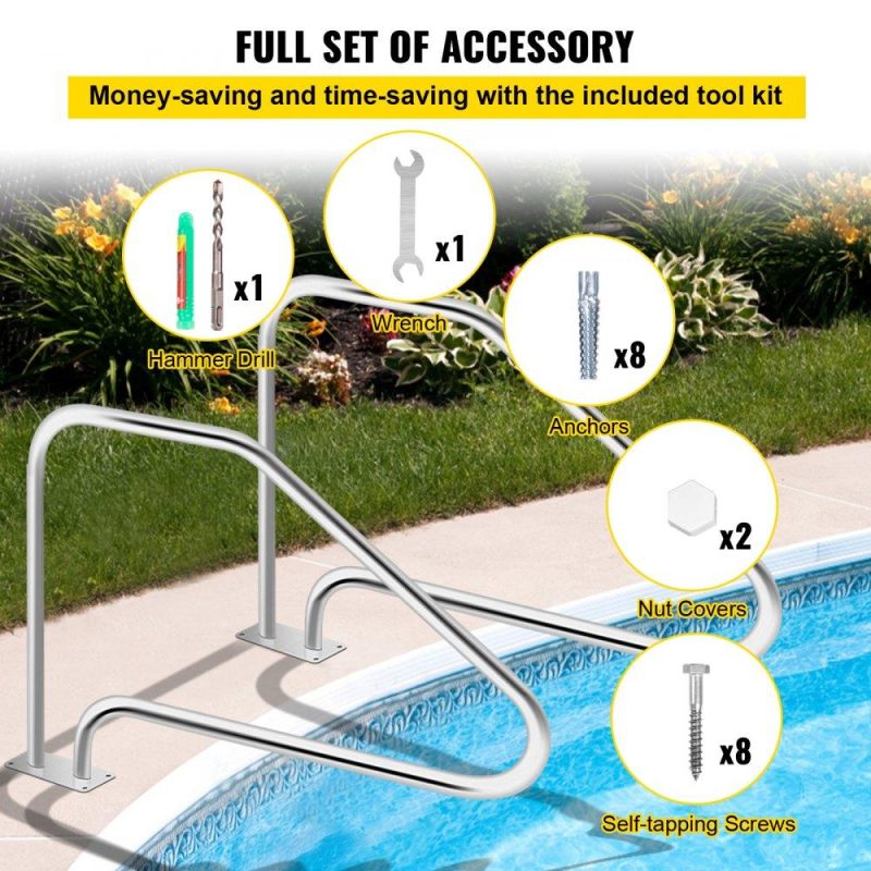 Pools & Spas | Pool Handrail, 49.4″ x 34″ Swimming Pool Stair Rail, 304 Stainless Steel Stair Pool Hand Rail Rated 375lbs Load Capacity, Pool Rail with Quick Mount Base Plate, and Complete Mounting Accessories Lawn & Garden Pools & Spas