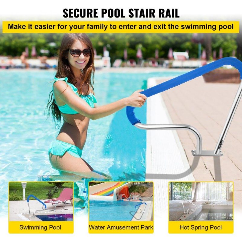 Pools & Spas | Pool Rail 39×32 Pool Railing 304 Stainless Steel 250LBS Load Capacity Silver Rustproof Pool Handrail Humanized Swimming Pool Handrail with Blue Grip Cover & M8 Drill Bit & Self-Taping Screws Lawn & Garden Pools & Spas