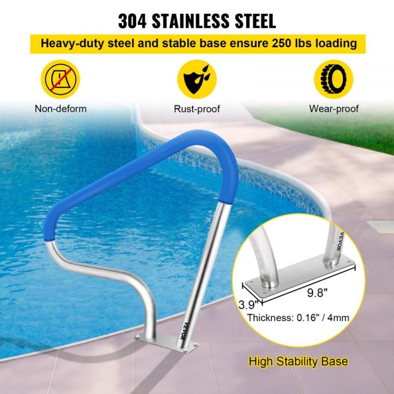 Pools & Spas | Pool Rail 39×32 Pool Railing 304 Stainless Steel 250LBS Load Capacity Silver Rustproof Pool Handrail Humanized Swimming Pool Handrail with Blue Grip Cover & M8 Drill Bit & Self-Taping Screws Lawn & Garden Pools & Spas