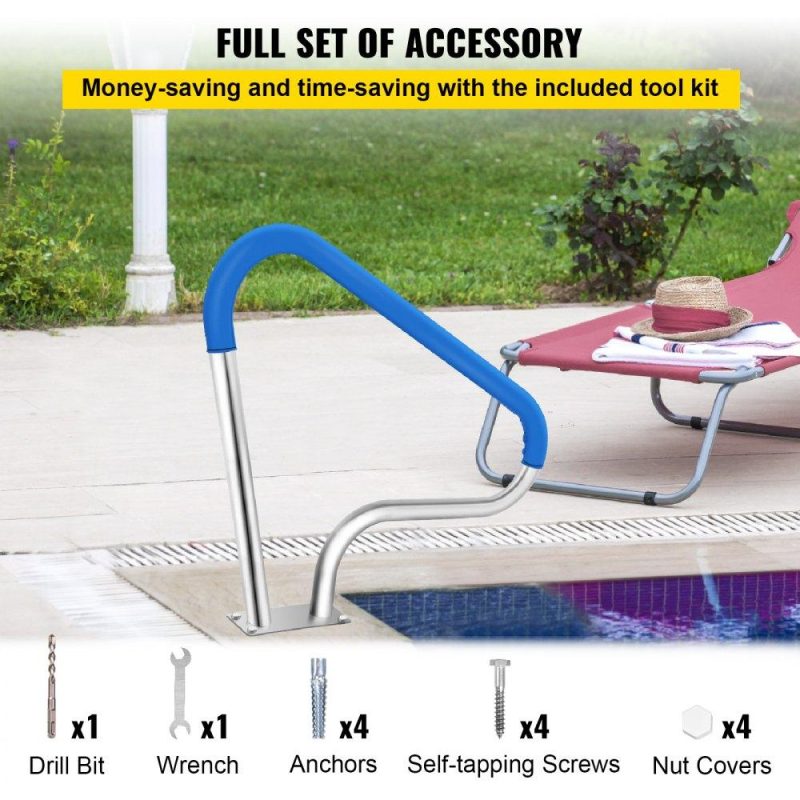 Pools & Spas | Pool Rail 39×32 Pool Railing 304 Stainless Steel 250LBS Load Capacity Silver Rustproof Pool Handrail Humanized Swimming Pool Handrail with Blue Grip Cover & M8 Drill Bit & Self-Taping Screws Lawn & Garden Pools & Spas