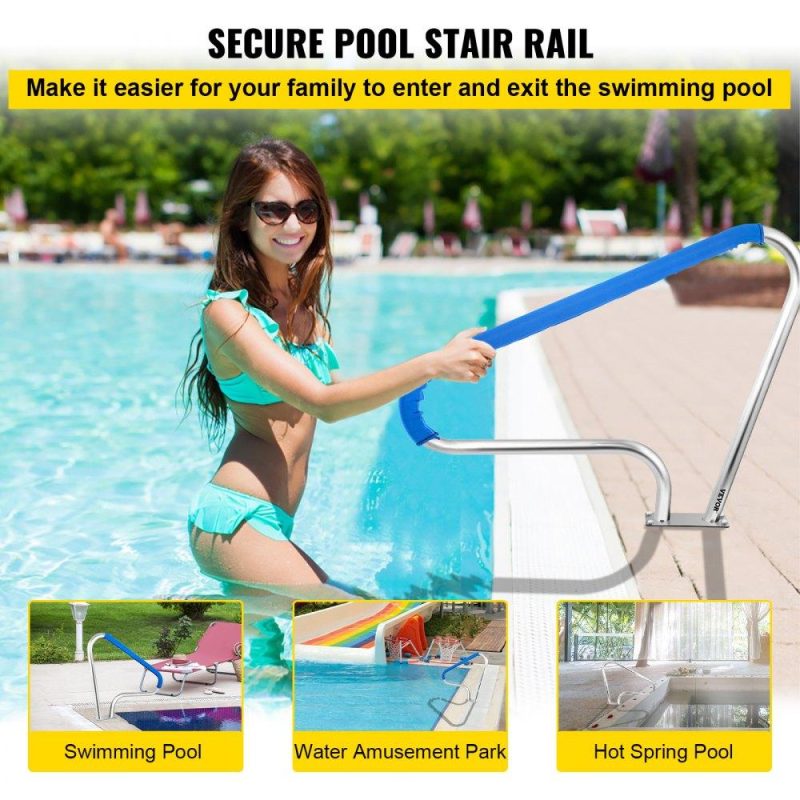 Pools & Spas | Pool Rail 48×36 Pool Railing 304 Stainless Steel 250LBS Load Capacity Silver Rustproof Pool Handrail Humanized Swimming Pool Handrail with Blue Grip Cover & M8 Drill Bit & Self-Taping Screws Lawn & Garden Pools & Spas