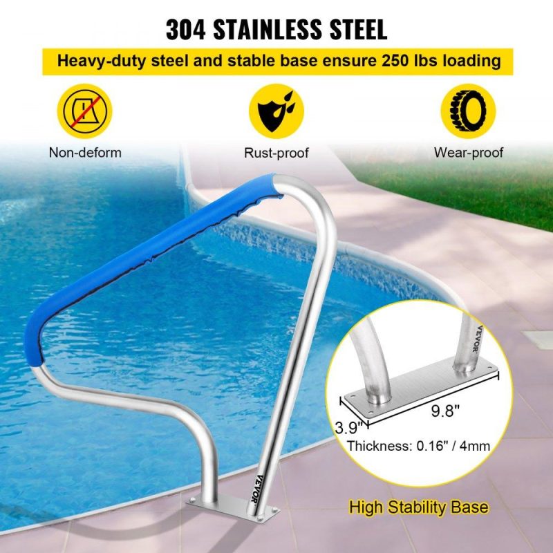 Pools & Spas | Pool Rail 48×36 Pool Railing 304 Stainless Steel 250LBS Load Capacity Silver Rustproof Pool Handrail Humanized Swimming Pool Handrail with Blue Grip Cover & M8 Drill Bit & Self-Taping Screws Lawn & Garden Pools & Spas