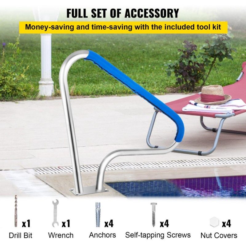 Pools & Spas | Pool Rail 48×36 Pool Railing 304 Stainless Steel 250LBS Load Capacity Silver Rustproof Pool Handrail Humanized Swimming Pool Handrail with Blue Grip Cover & M8 Drill Bit & Self-Taping Screws Lawn & Garden Pools & Spas