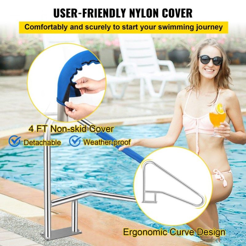 Pools & Spas | Pool Rail 54×36 Pool Railing 304 Stainless Steel 250LBS Load Capacity Silver Rustproof Pool Handrail Humanized Swimming Pool Handrail with Blue Grip Cover & M8 Drill Bit & Self-Taping Screws Lawn & Garden Pools & Spas