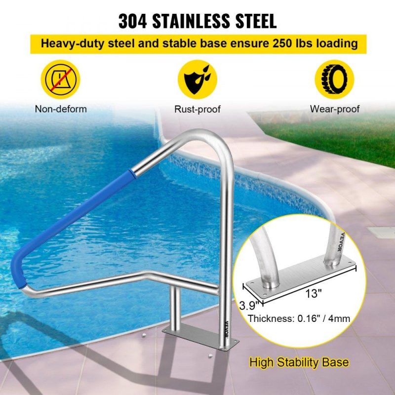 Pools & Spas | Pool Rail 54×36 Pool Railing 304 Stainless Steel 250LBS Load Capacity Silver Rustproof Pool Handrail Humanized Swimming Pool Handrail with Blue Grip Cover & M8 Drill Bit & Self-Taping Screws Lawn & Garden Pools & Spas