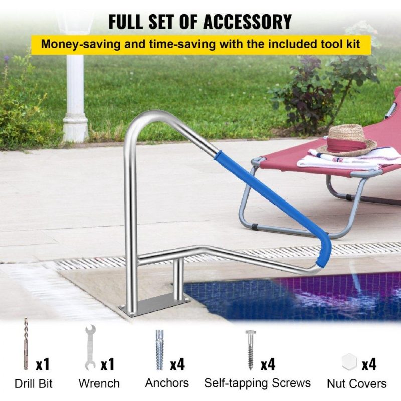 Pools & Spas | Pool Rail 54×36 Pool Railing 304 Stainless Steel 250LBS Load Capacity Silver Rustproof Pool Handrail Humanized Swimming Pool Handrail with Blue Grip Cover & M8 Drill Bit & Self-Taping Screws Lawn & Garden Pools & Spas