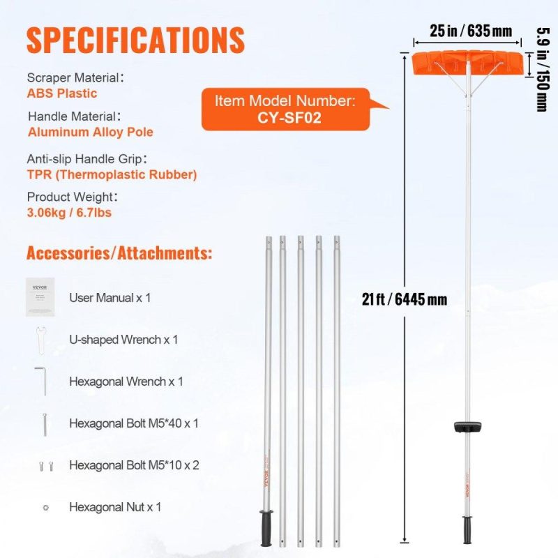 Snow & Ice Removal Equipment | Snow Roof Rake, 25″ Plastic Blade Snow Removal Tool, 21ft Reach Aluminium Handle, Superior Roof Shovel with Anti-Slip Handle Grip, Easy to Setup & Use for House Roof, Car Snow, Wet Leaves Lawn & Garden Snow & Ice Removal Equipment