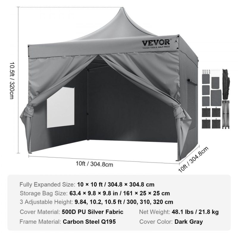 Tents | 10×10 FT Pop up Canopy with Removable Sidewalls, Instant Canopies Portable Gazebo & Wheeled Bag, UV Resistant Waterproof, Enclosed Canopy Tent for Outdoor Events, Patio, Backyard, Party, Camping Dark Grey Lawn & Garden Dark Grey