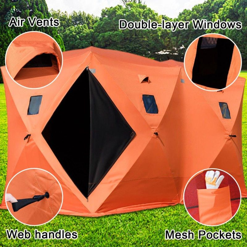 Tents | 8 Person Ice Fishing Shelter, Pop-Up Portable Insulated Ice Fishing Tent, Waterproof Oxford Fabric Orange Orange Lawn & Garden Orange