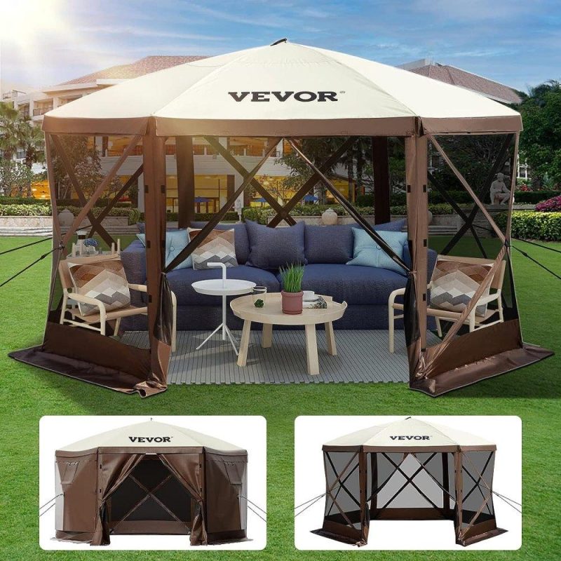 Tents | Camping Gazebo Screen Tent, 12*12ft, 6 Sided Pop-up Canopy Shelter Tent with Mesh Windows, Portable Carry Bag, Stakes, Large Shade Tents for Outdoor Camping, Lawn and Backyard, Brown/Beige Lawn & Garden Tents