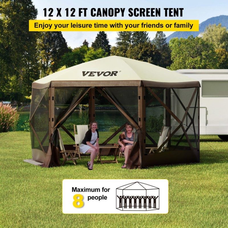 Tents | Camping Gazebo Screen Tent, 12*12ft, 6 Sided Pop-up Canopy Shelter Tent with Mesh Windows, Portable Carry Bag, Stakes, Large Shade Tents for Outdoor Camping, Lawn and Backyard, Brown/Beige Lawn & Garden Tents