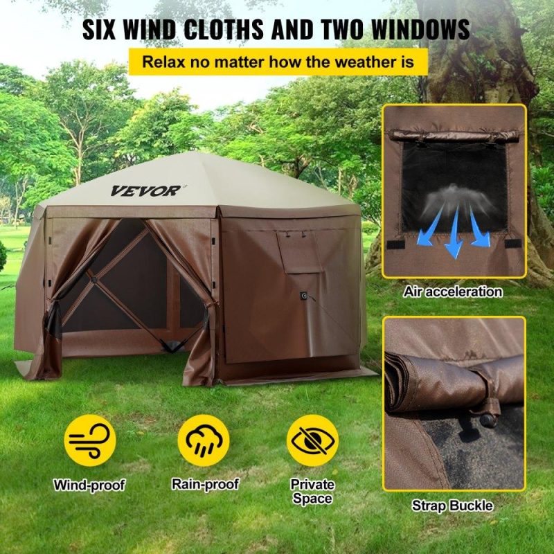 Tents | Camping Gazebo Screen Tent, 12*12ft, 6 Sided Pop-up Canopy Shelter Tent with Mesh Windows, Portable Carry Bag, Stakes, Large Shade Tents for Outdoor Camping, Lawn and Backyard, Brown/Beige Lawn & Garden Tents