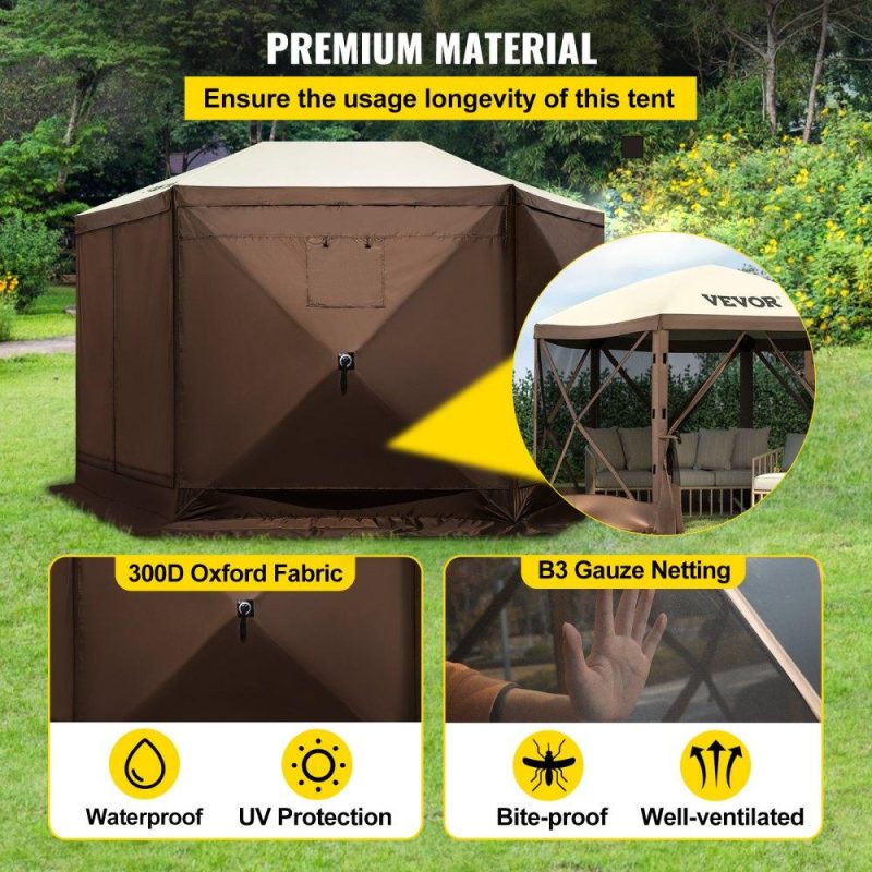 Tents | Camping Gazebo Screen Tent, 12*12ft, 6 Sided Pop-up Canopy Shelter Tent with Mesh Windows, Portable Carry Bag, Stakes, Large Shade Tents for Outdoor Camping, Lawn and Backyard, Brown/Beige Lawn & Garden Tents