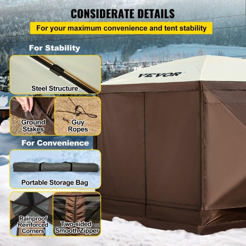 Tents | Camping Gazebo Screen Tent, 12*12ft, 6 Sided Pop-up Canopy Shelter Tent with Mesh Windows, Portable Carry Bag, Stakes, Large Shade Tents for Outdoor Camping, Lawn and Backyard, Brown/Beige Lawn & Garden Tents