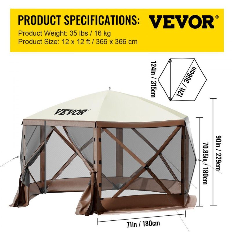 Tents | Camping Gazebo Screen Tent, 12*12ft, 6 Sided Pop-up Canopy Shelter Tent with Mesh Windows, Portable Carry Bag, Stakes, Large Shade Tents for Outdoor Camping, Lawn and Backyard, Brown/Beige Lawn & Garden Tents