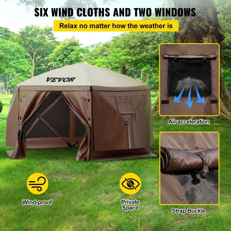 Tents | Camping Gazebo Tent, 10’x10′, 6 Sided Pop-up Canopy Screen Tent for 8 Person Camping, Waterproof Screen Shelter w/Portable Storage Bag, Ground Stakes, Mesh Windows, Brown & Beige Lawn & Garden Tents