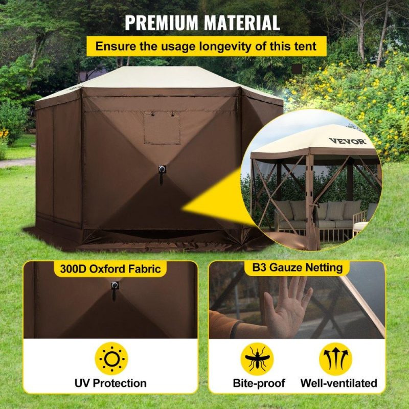 Tents | Camping Gazebo Tent, 10’x10′, 6 Sided Pop-up Canopy Screen Tent for 8 Person Camping, Waterproof Screen Shelter w/Portable Storage Bag, Ground Stakes, Mesh Windows, Brown & Beige Lawn & Garden Tents