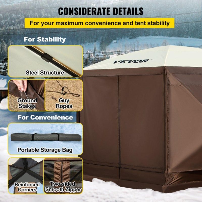 Tents | Camping Gazebo Tent, 10’x10′, 6 Sided Pop-up Canopy Screen Tent for 8 Person Camping, Waterproof Screen Shelter w/Portable Storage Bag, Ground Stakes, Mesh Windows, Brown & Beige Lawn & Garden Tents