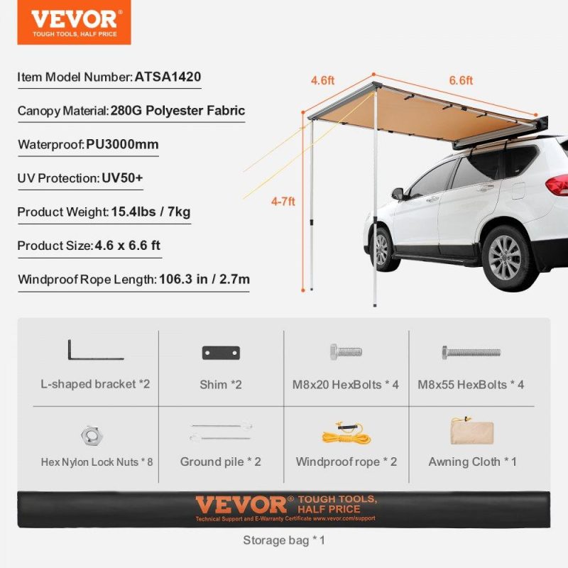 Tents | Car Side Awning, Large 4.6’x6.6′ Shade Coverage Vehicle Awning, PU3000mm UV50+ Retractable Car Awning with Waterproof Storage Bag, Suitable for Truck, SUV, Van, Campers Lawn & Garden Tents