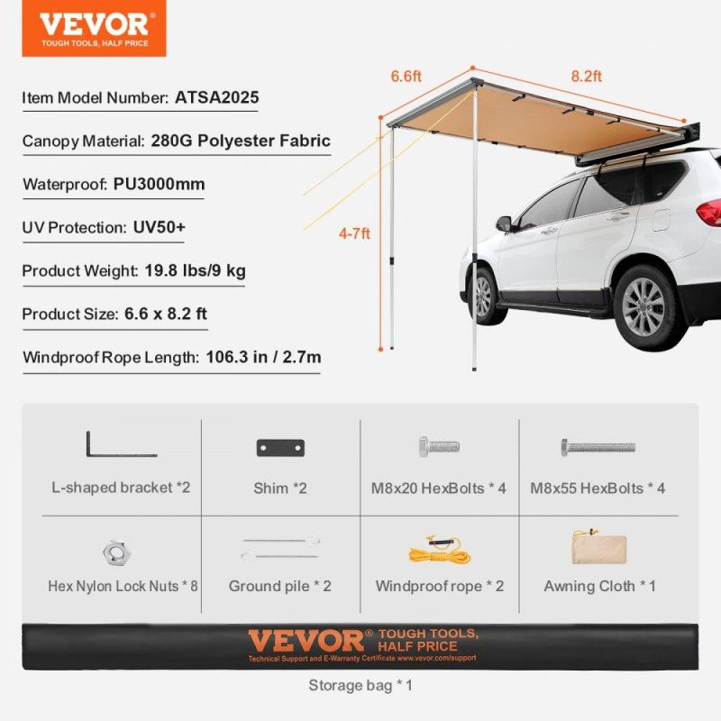 Tents | Car Side Awning, Large 6.6′ x 8.2′ Shade Coverage Vehicle Awning, PU3000mm UV50+ Retractable Car Awning with Waterproof Storage Bag, Height Adjustable, Suitable for Truck, SUV, Van, Campers Lawn & Garden Tents