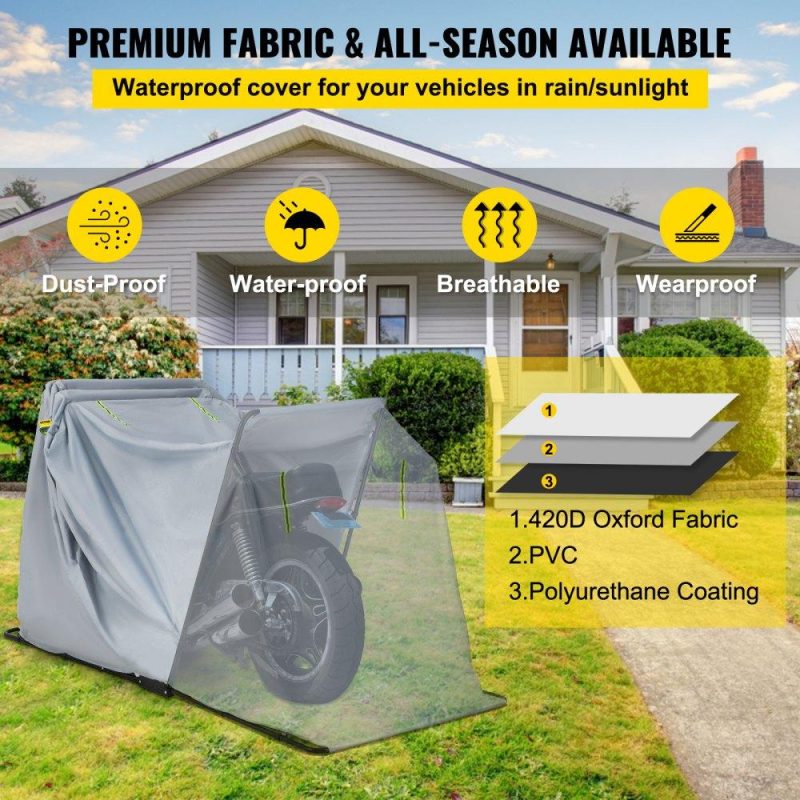 Tents | Motorcycle Shelter, Waterproof Motorcycle Cover, Heavy Duty Motorcycle Shelter Shed, 420D Oxford Motorbike Shed Anti-UV, 133.9″x53.9″x76.8″ Grey Shelter Storage Garage Tent w/ Lock & Weight Bag Lawn & Garden Tents